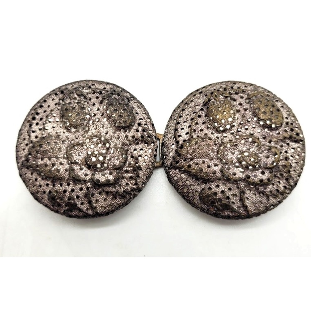 Antique Victorian Silver Filigree Sash Buckle Pair Floral Cloak Clasp Czech VTG